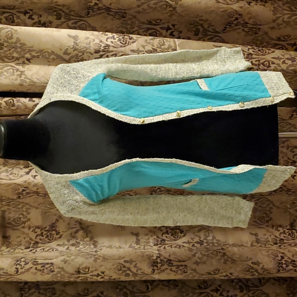 Turquoise and heathered tan/gray cardigan - Picture 1 of 3